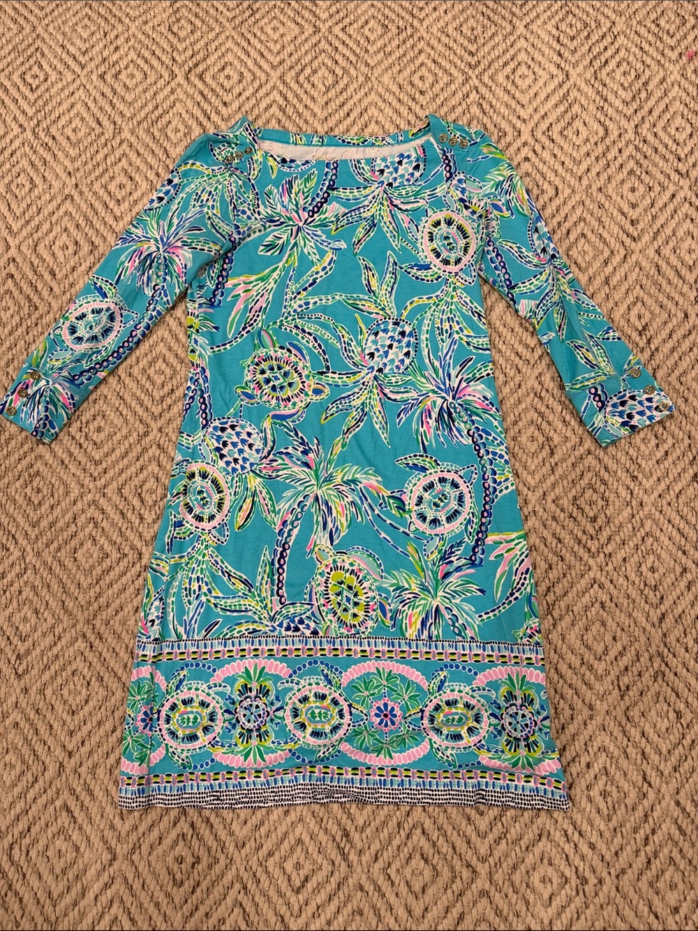Lilly Pulitzer Teal Palm-Print Shift Dress with Pink & Navy Accents